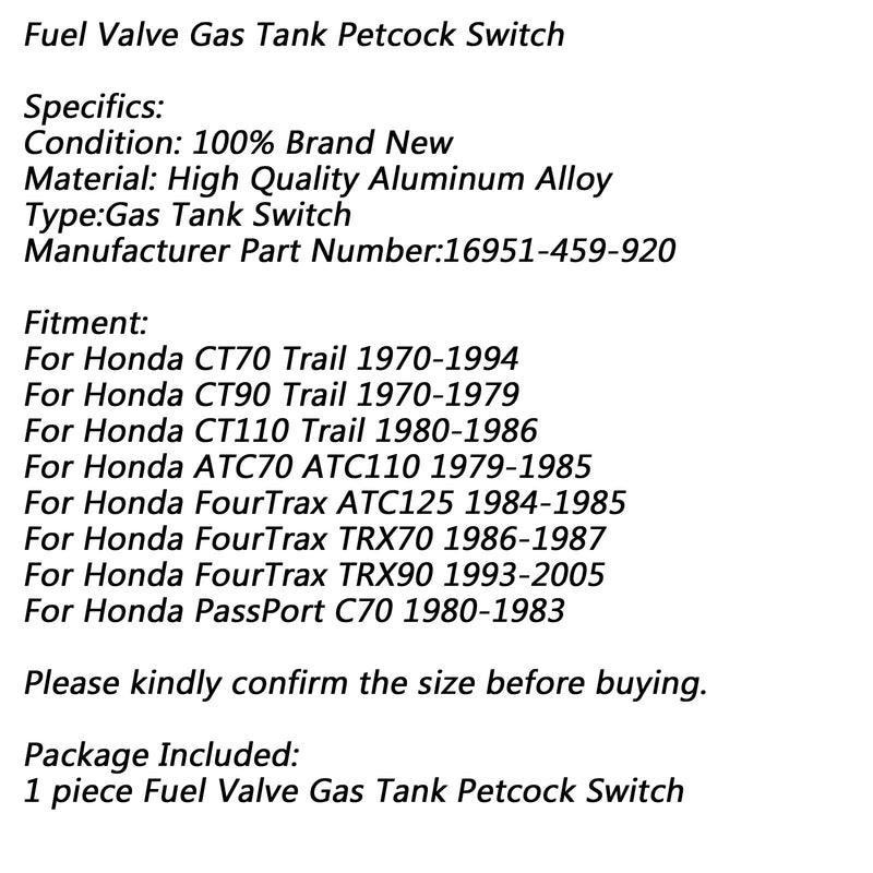 Gas Fuel Tank Switch Valve Petcock For Honda ATC70 ATC110 ATC125 TRX90 TRX70 Generic
