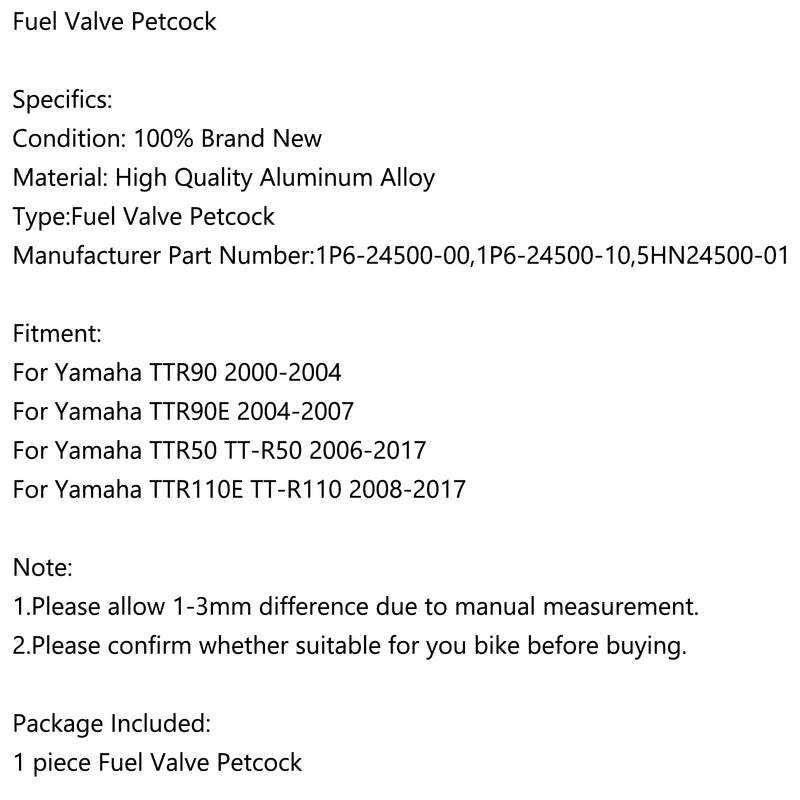 Gas Combustible Gasolina Válvula Petcock 1P6-24500-00 Para Yamaha TTR90 TTR50 TTR110E TTR110 Genérico