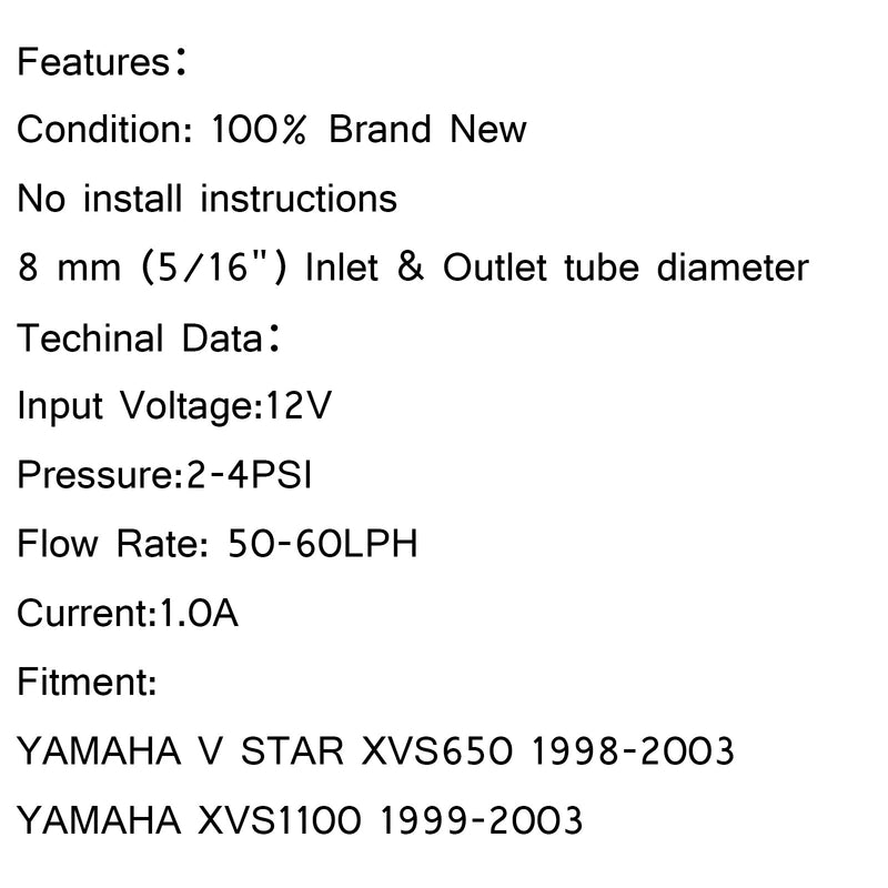 Bomba de combustible de 8 mm para YAMAHA V STAR 1998-2003 XVS650 y 1999-2003 XVS1100 genérico