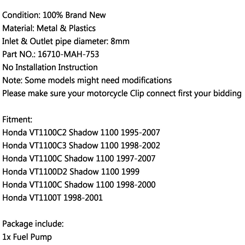 Nueva bomba de combustible para Honda Shadow VT1100C VT1100C2 VT1100C3 1100 VT1100 1999 2002 genérico