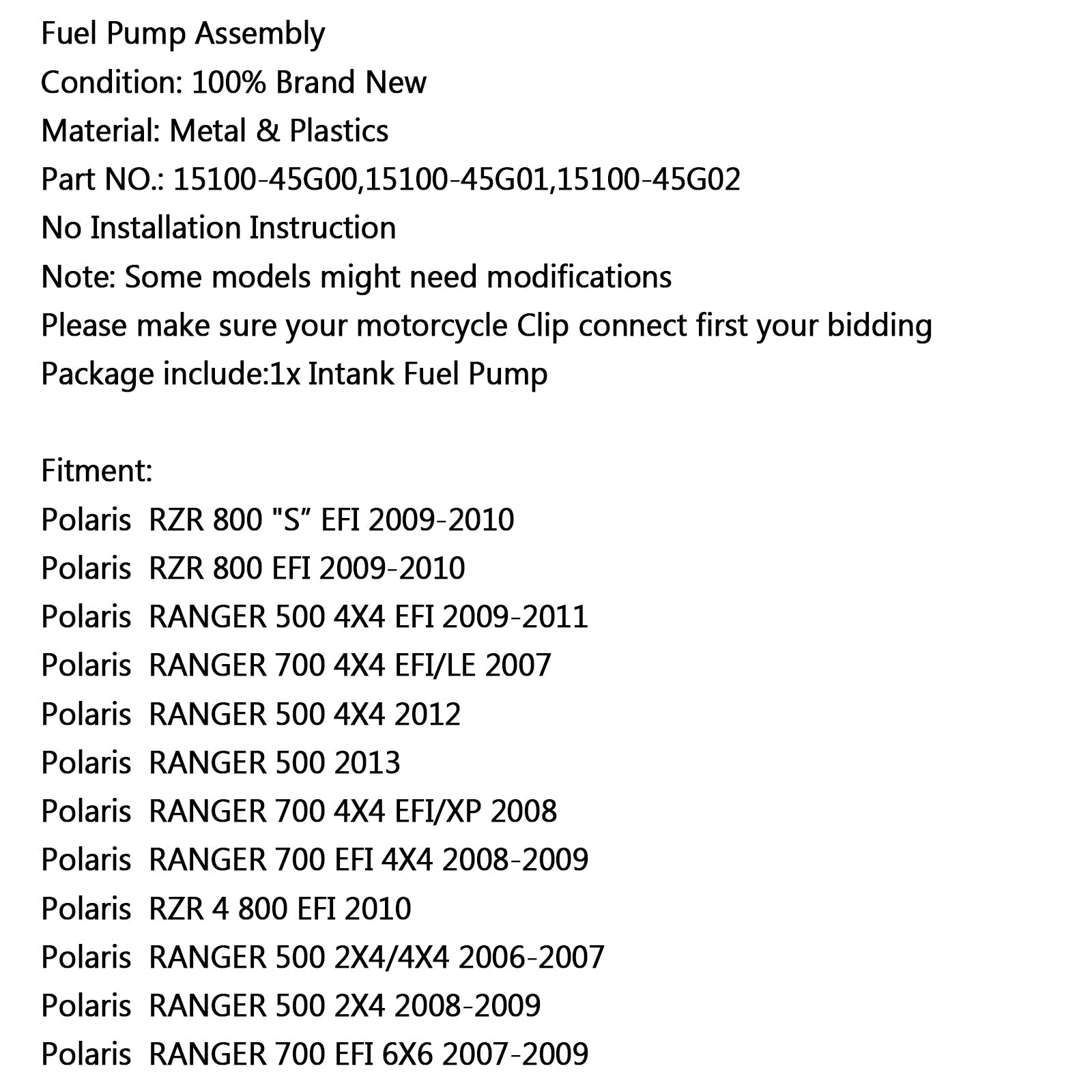 New Fuel Pump For HPolaris RZR 800 S EFI 09-10 700 4X4 EFI/LE 500 2X4 2006 Generic