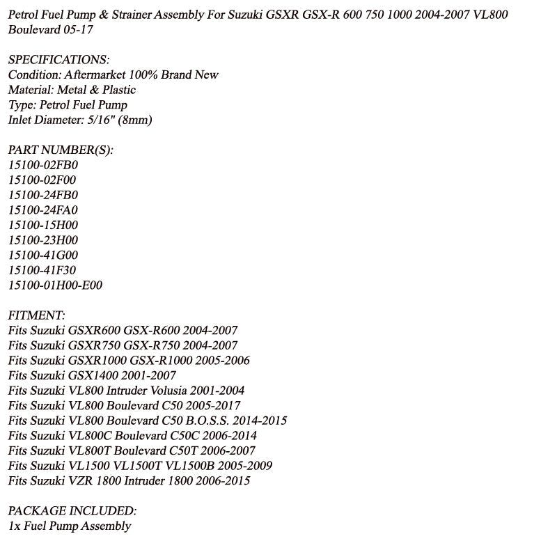 Bomba de combustible y colador para Suzuki 04-07 GSXR 600 750 05-06 GSXR-1000 15100-41G00 Genérico