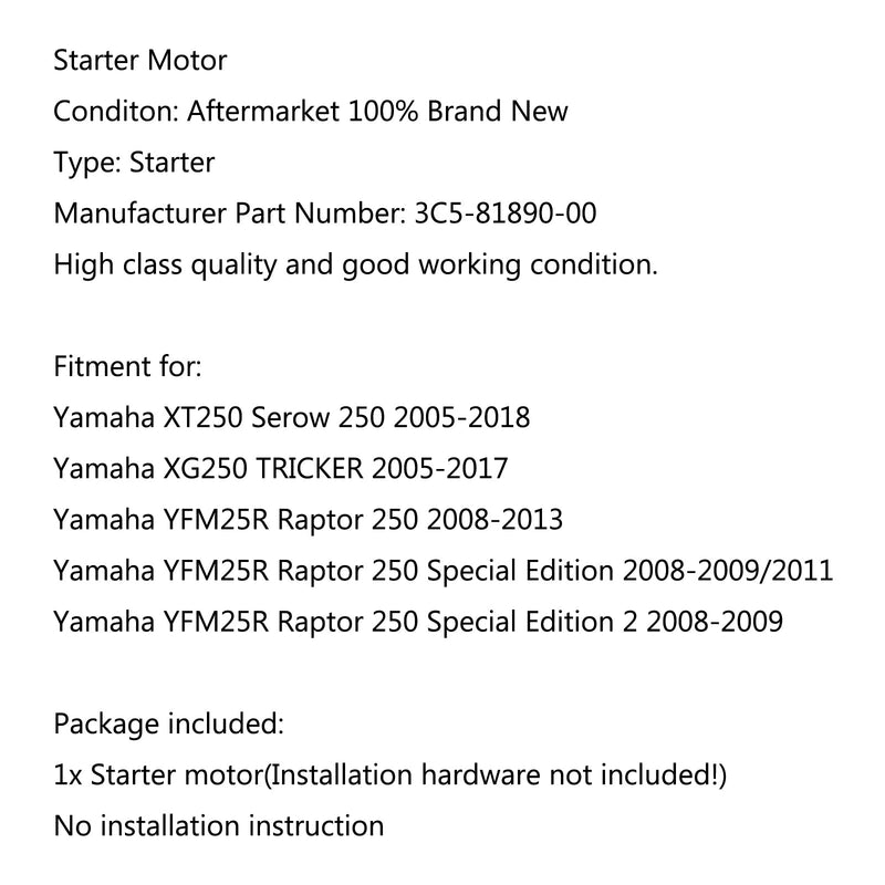 Motor Starter For Yamaha YFM25R Raptor 250 2008-2013 Special Edition 2 2008-2009 Generic
