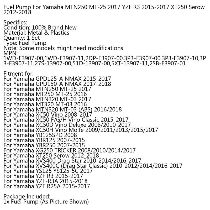 Bomba de combustible para Yamaha MTN250 MT-25 2017 YZF R3 2015-2017 XT250 Serow 2012-2018 genérico