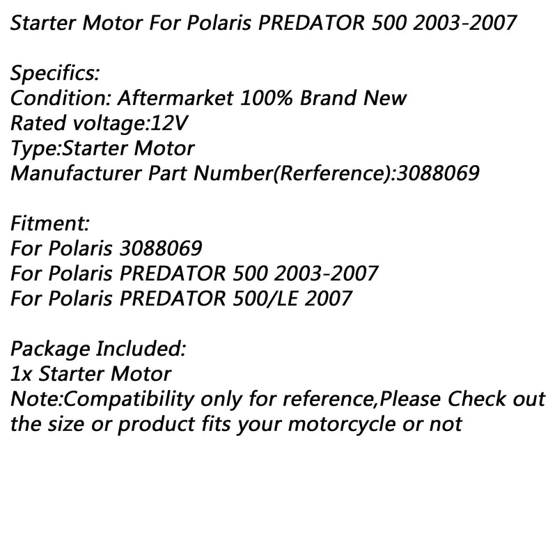 Electric Starter Motor for Polaris PREDATOR 500 2003-2007 PREDATOR 500/LE 2007 Generic