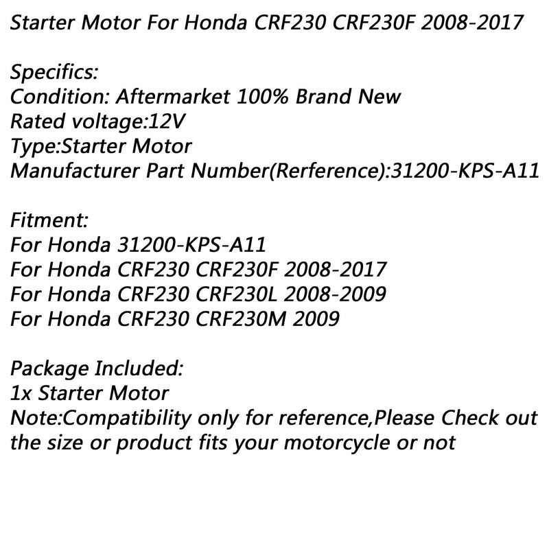 Motor de arranque eléctrico para Honda CRF230 CRF230F 08-17 CRF230L 08-09 CRF230M 2009 Genérico