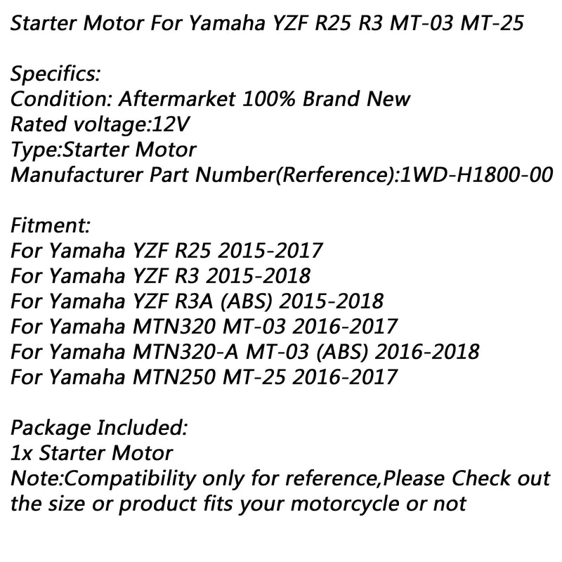 Motor de arranque eléctrico para Yamaha YZF R25 15-17 R3 15-18 MT-03 2016-2017 MT-25 Genérico