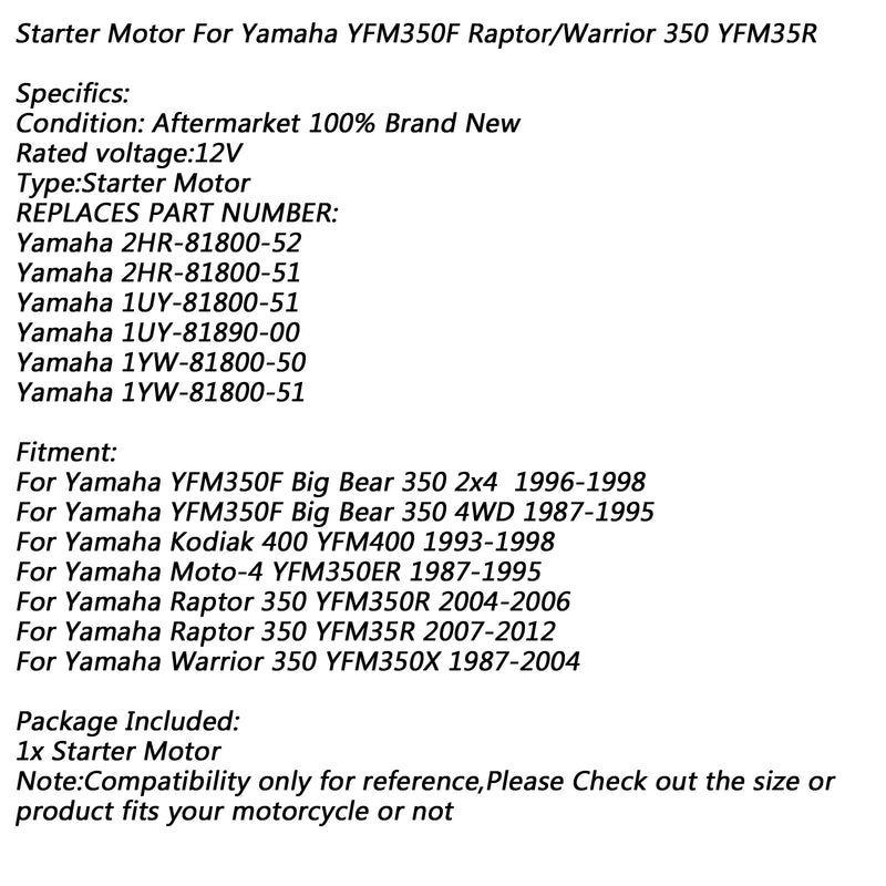 Motor de arranque eléctrico para Yamaha YFM350F Big Bear 350 4WD YFM350R Raptor Moto-4 Genérico