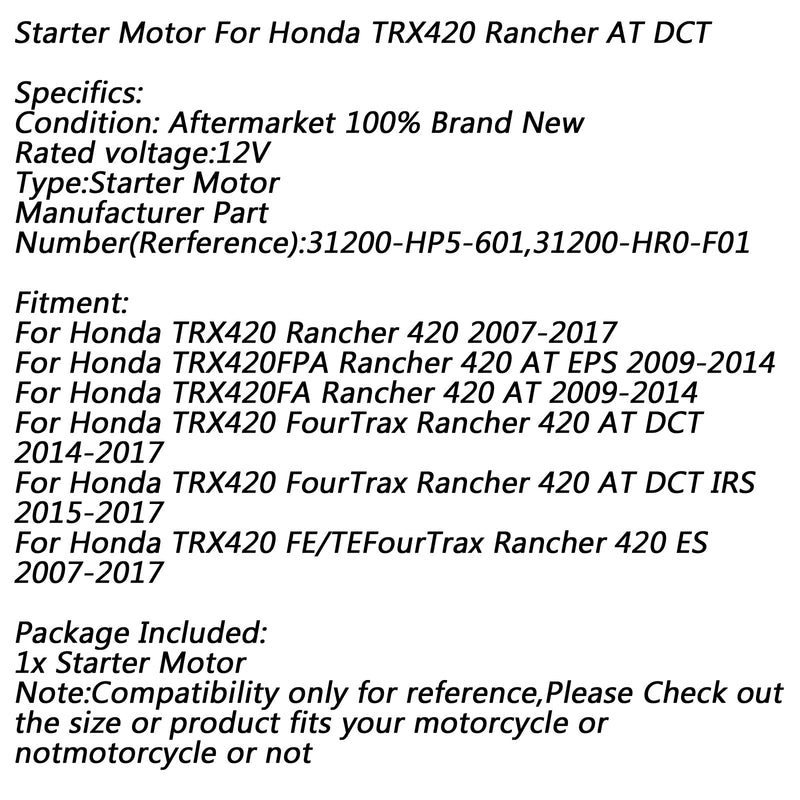Motor de arranque eléctrico para Honda TRX420 Rancher 420 2007-2017 AT DCT 2014-2017 Genérico