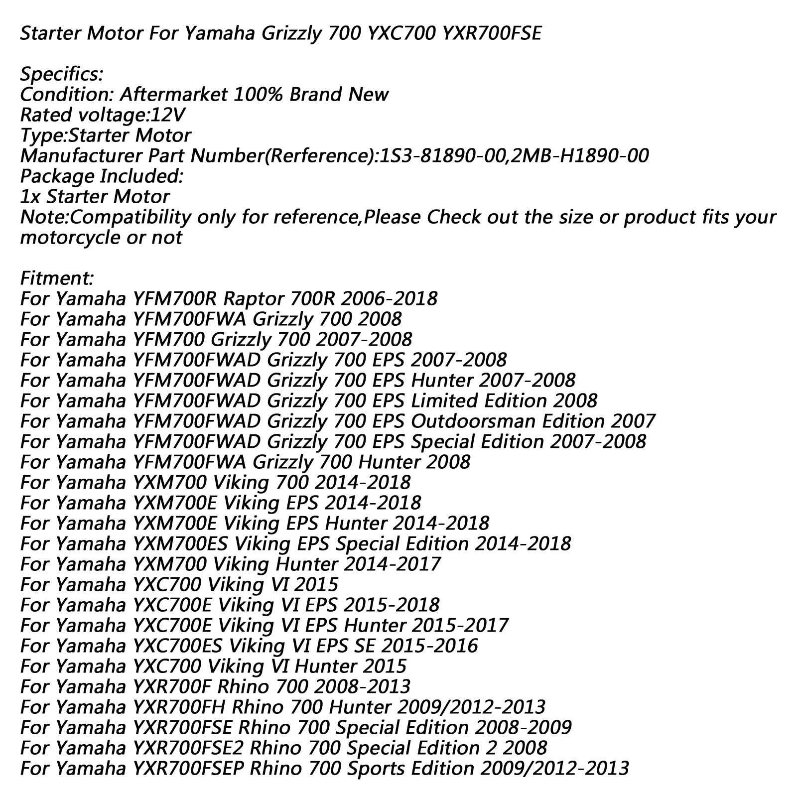 New Starter Engine Starting 9-Spline Fit For Yamaha 1S3-81890-00-00 2MB-H1890-00-00