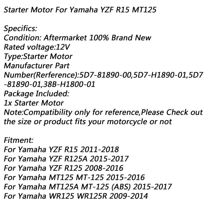 Motor de arranque para Yamaha MT125 MT-125 15-16 YZF R15 R125 WR125 WR125R 2009-2014 genérico