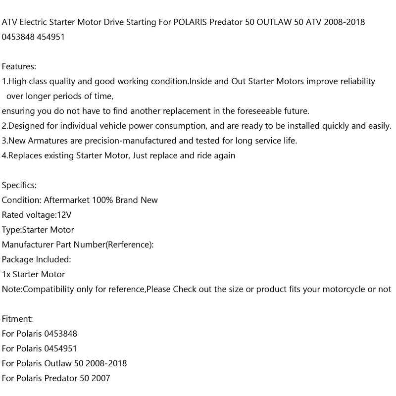 Motor de arranque ATV para POLARIS Predator 50 OUTLAW 50 ATV 2008-2018 0453848 454951 genérico