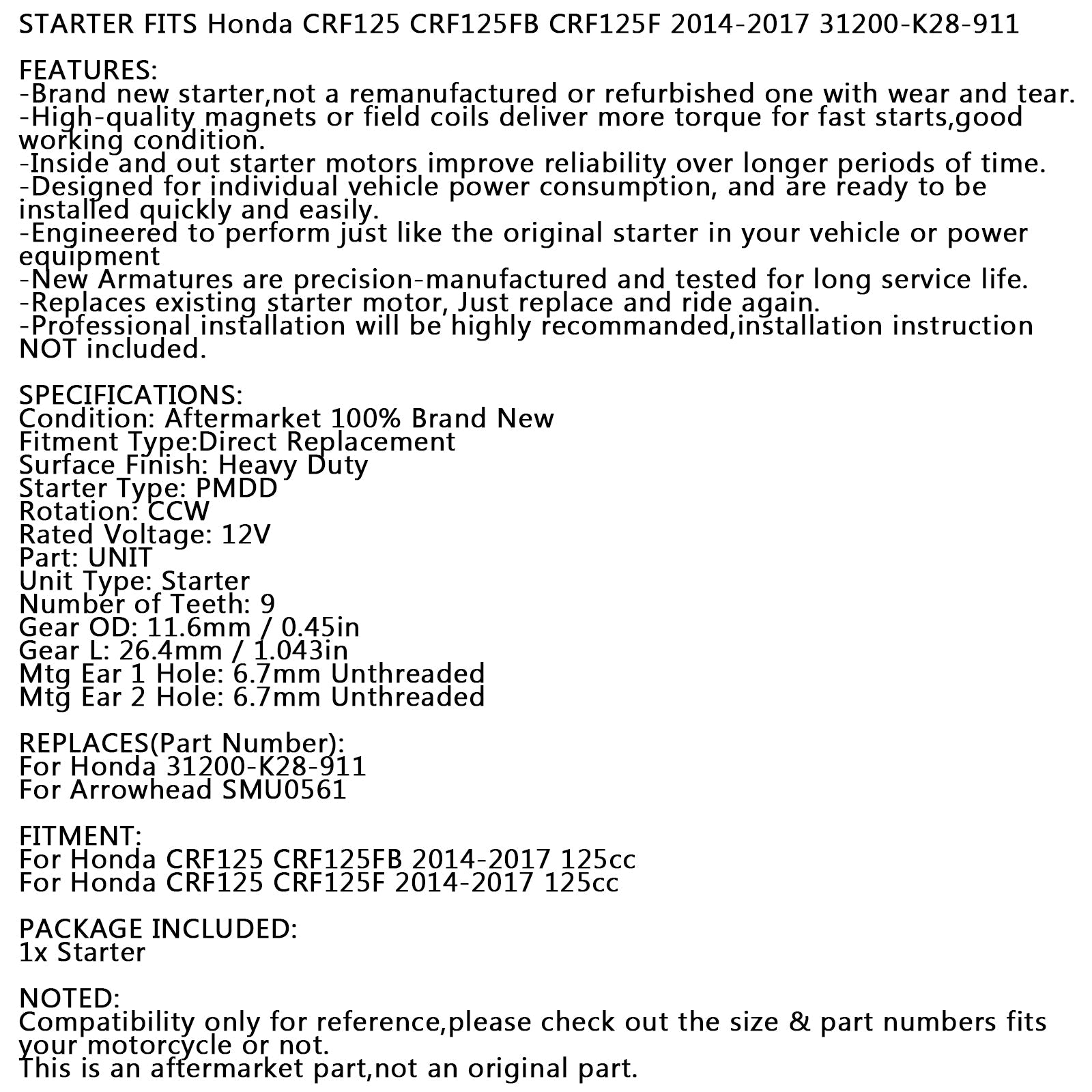 New Starter PMDD CCW 9-Tooth 12V For Honda CRF125F CRF125FB 14-17 31200-K28-911 Generic
