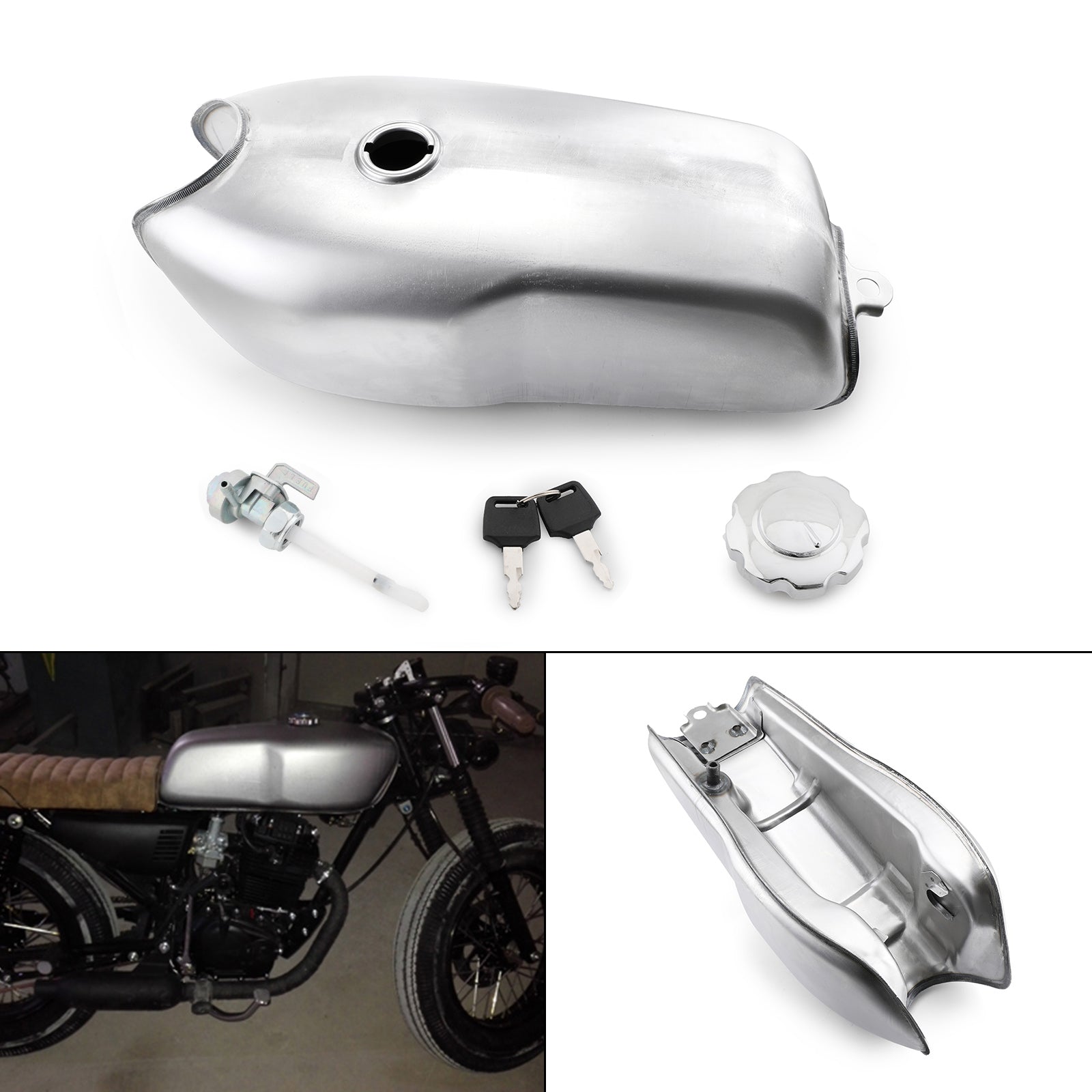 9L 2.4 Gallon Chrome Motorcycle Universal Gas Fuel Tank For Cafe Racer Custom Old School Honda Yamaha RD50 RD350 Suzuki BMW R100R