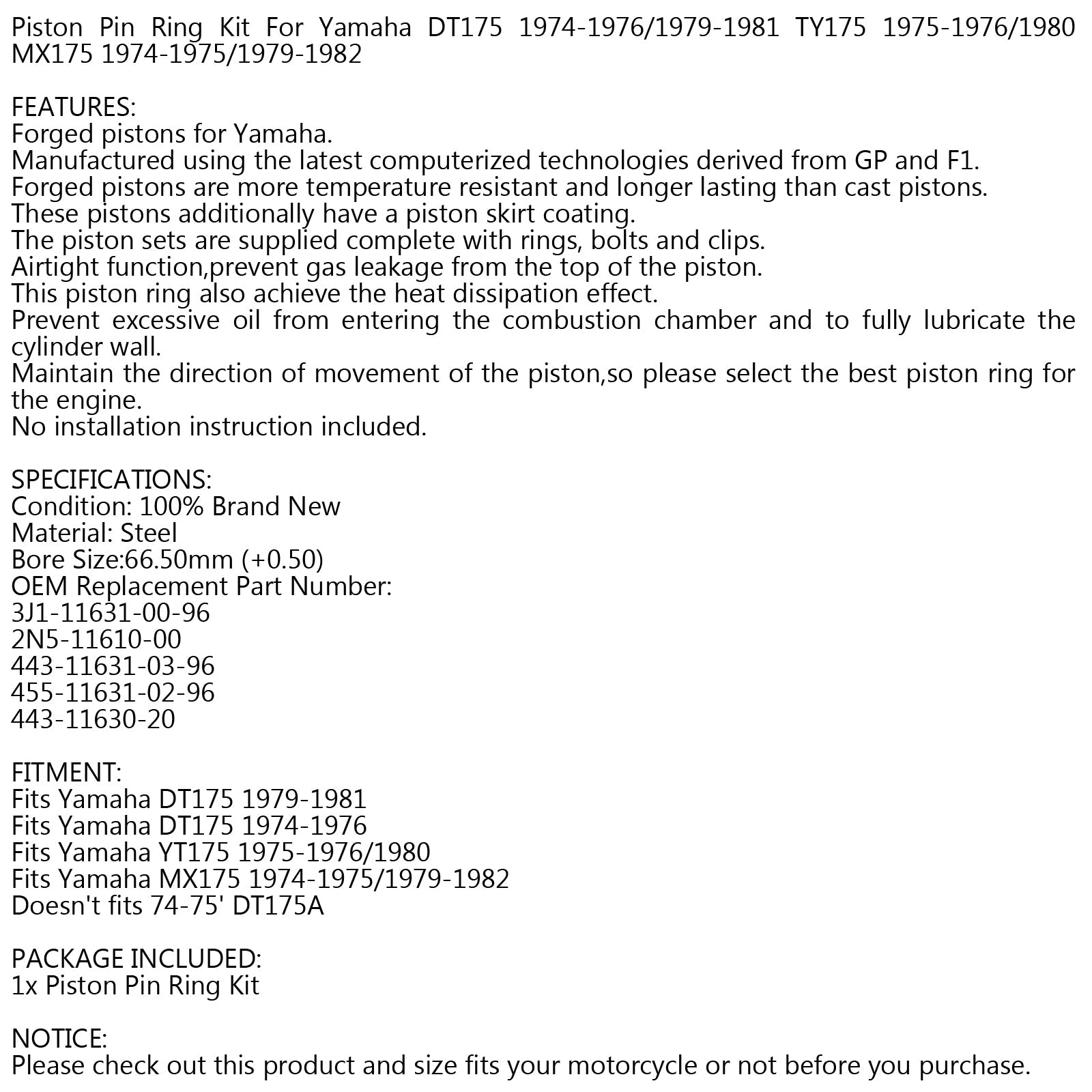 For Yamaha DT175 DT 175 1974-1981 NO.2N5-11610-00 Piston Kit Bore Size ?66.50mm Generic