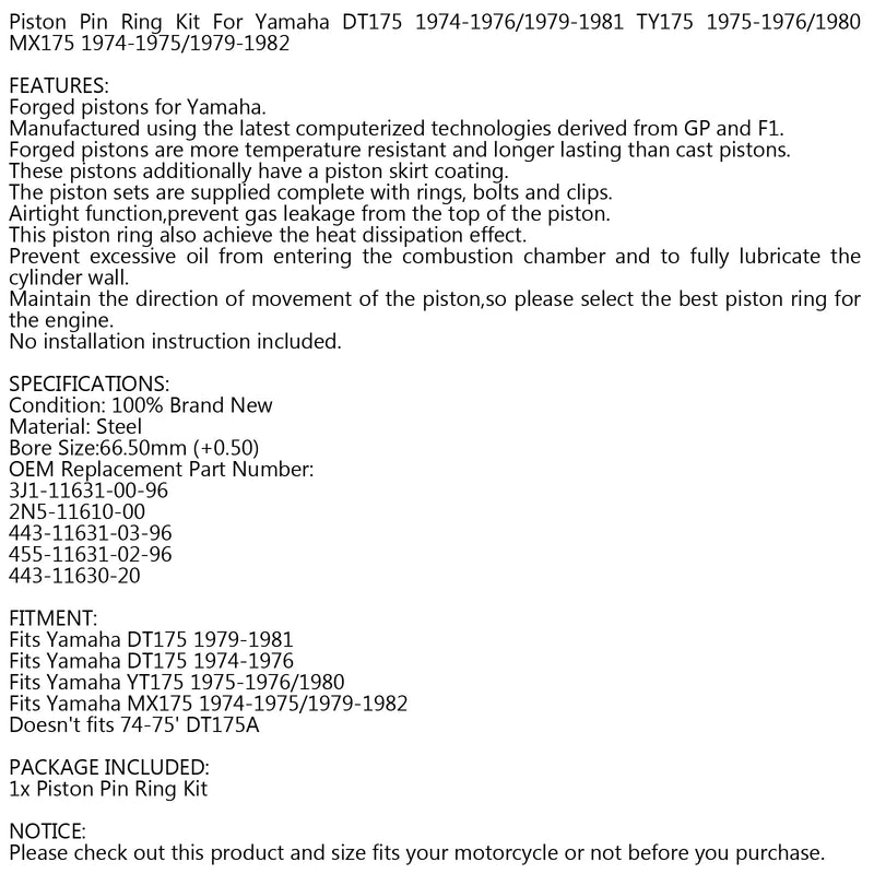Para Yamaha DT175 DT 175 1974-1981 NO.2N5-11610-00 Kit de pistón Tamaño del orificio: 66,50 mm Genérico 