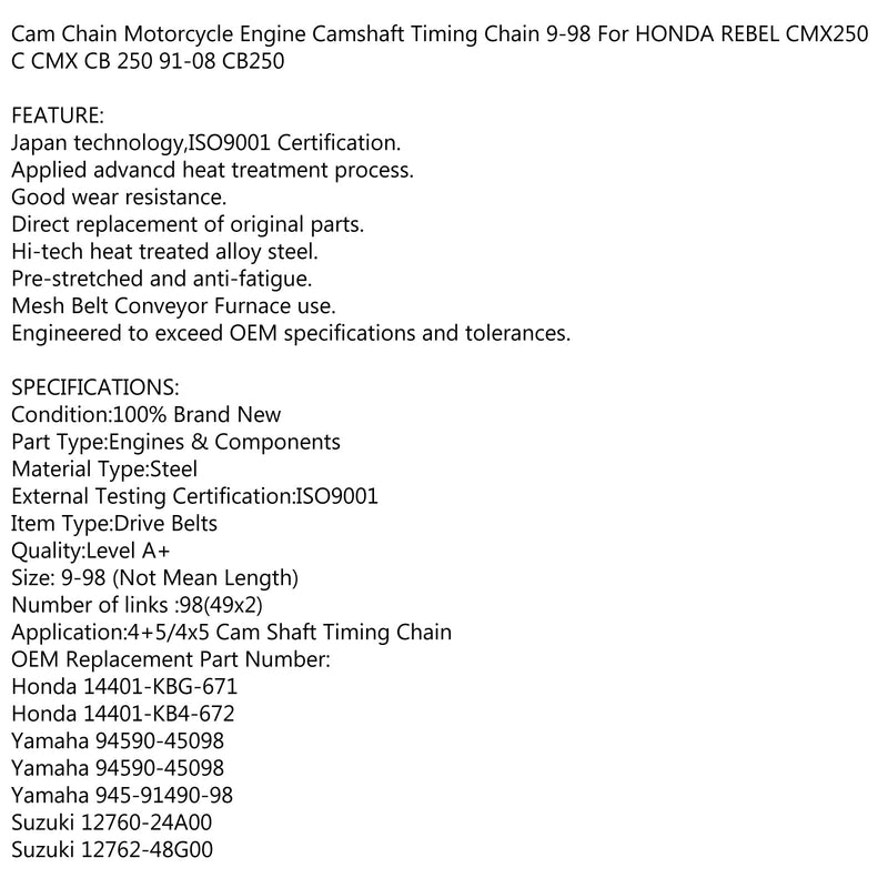 Cadena de distribución 98L para Honda CMX250C Rebel Yamaha XV1000 Virago Suzuki VLR1800 Genérico