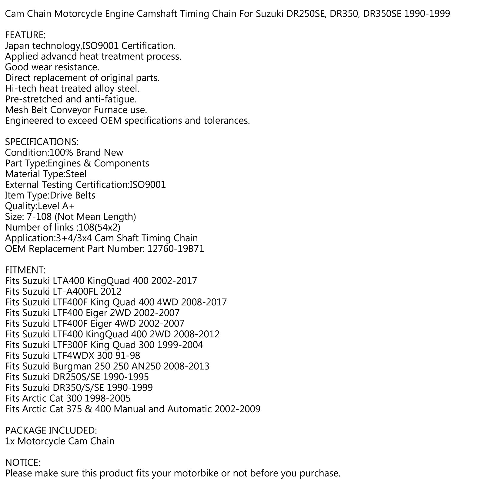 Timing Cam Chain 108L For Suzuki AN250 DR250 DR350 LTF400 LTF300 12760-19B71 Generic