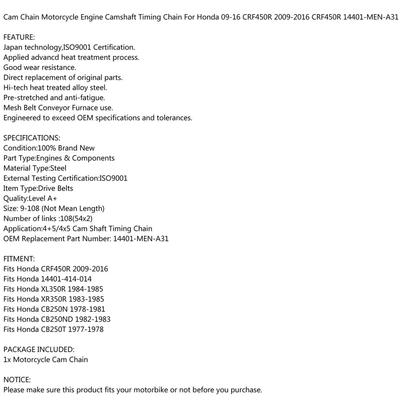 Timing Cam Chain Fit for Honda CRF450R 09-15 XL350R XR350R 83-85 CB250 78-83 Generic
