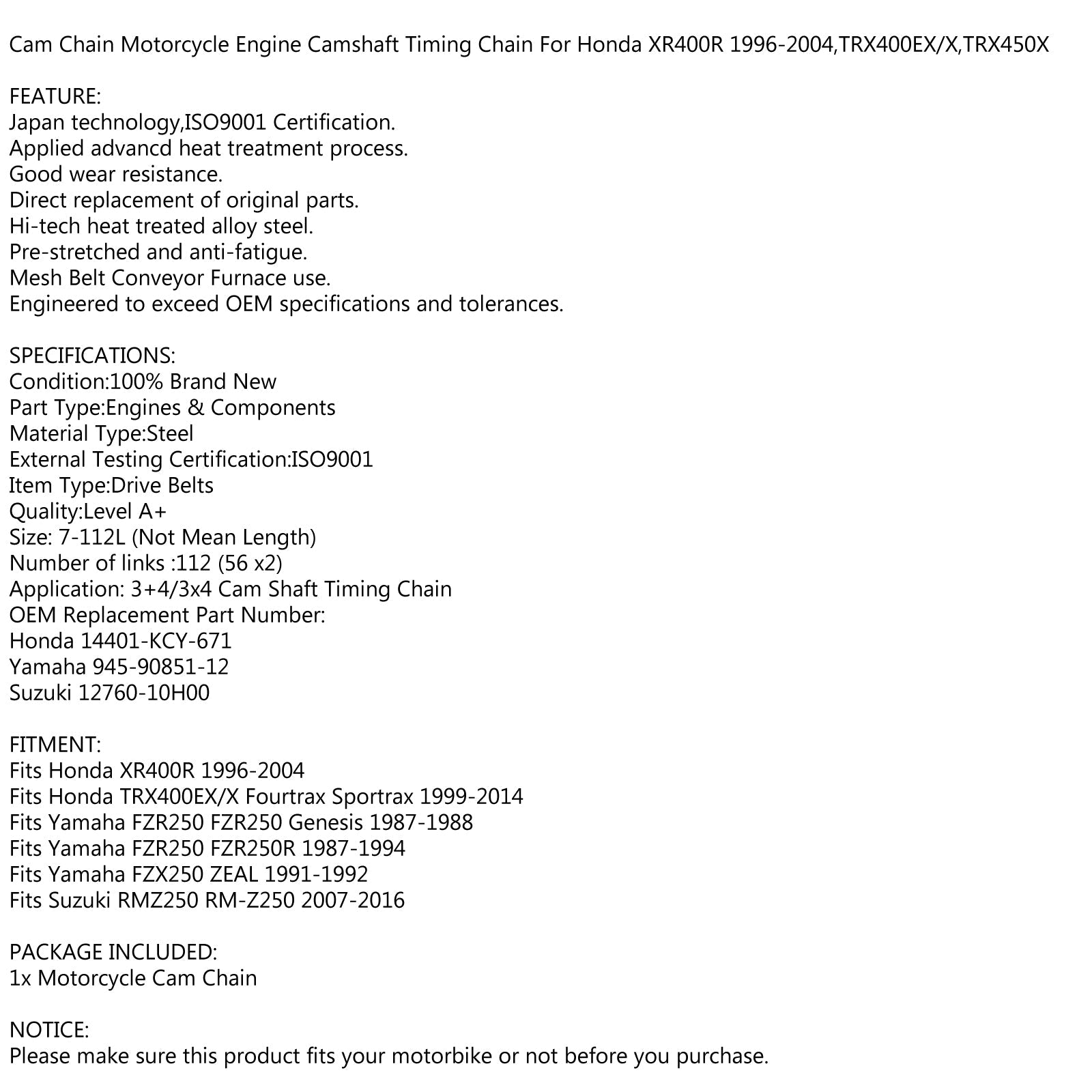 Timing Cam Chain 112L For Honda TRX400EX X Sportrax 99-14 XR400 14401-KCY-671 Generic