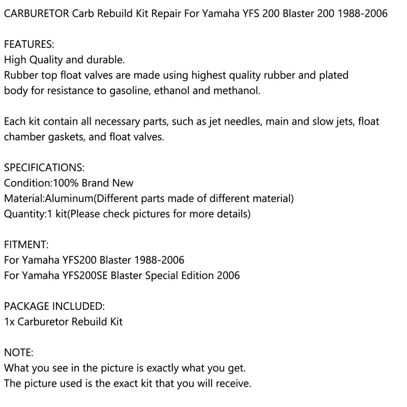 Kit de reparación de reconstrucción de carburador CARB para Yamaha YFS 200 Blaster 200 YFS200 88-06 genérico