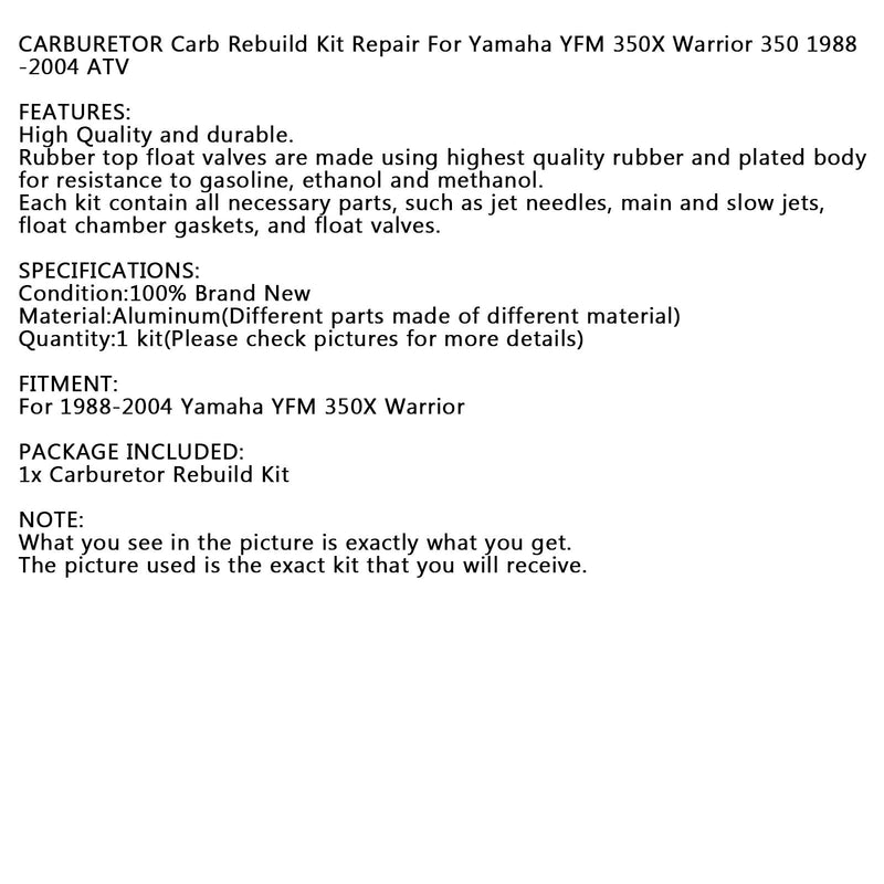 Carburetor Carb Rebuild Repair Kit For Yamaha YFM 350X Warrior 350 1988-2004 ATV Generic