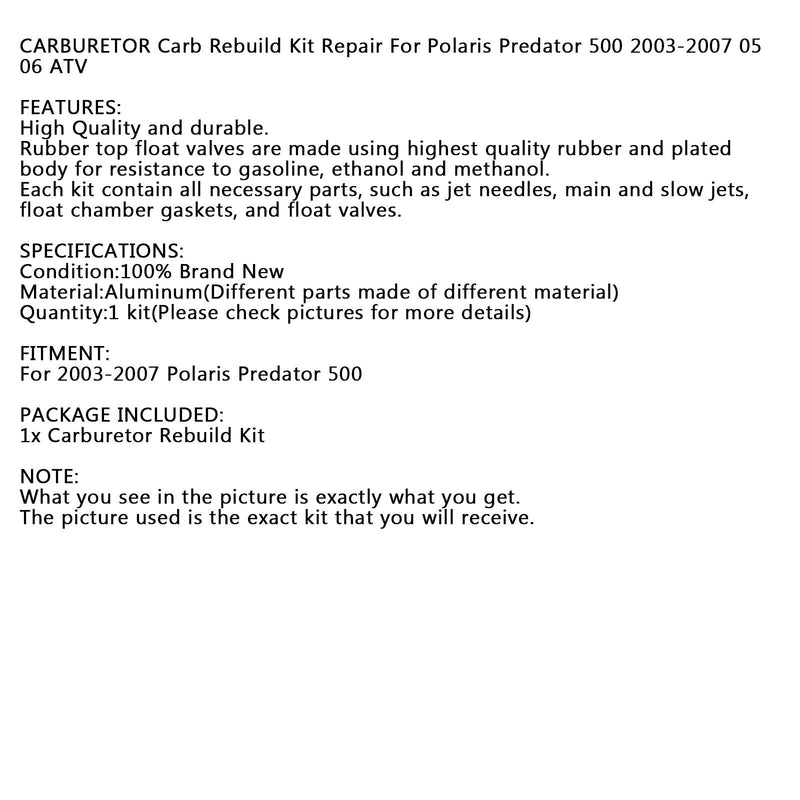 Kit de reconstrucción de carburador para reparación de carburador para Polaris Predator 500 2003-2007 05 06 ATV genérico