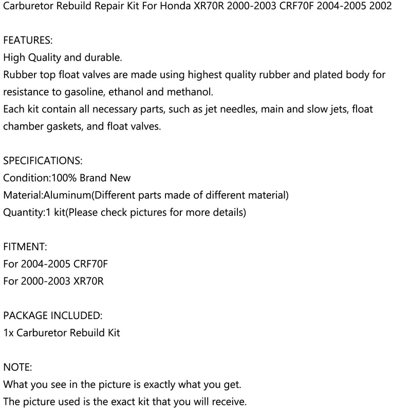 Kit de reconstrucción de reparación de carburador para Honda XR70R 2000-2003 CRF70F 2004-2005 2002 genérico