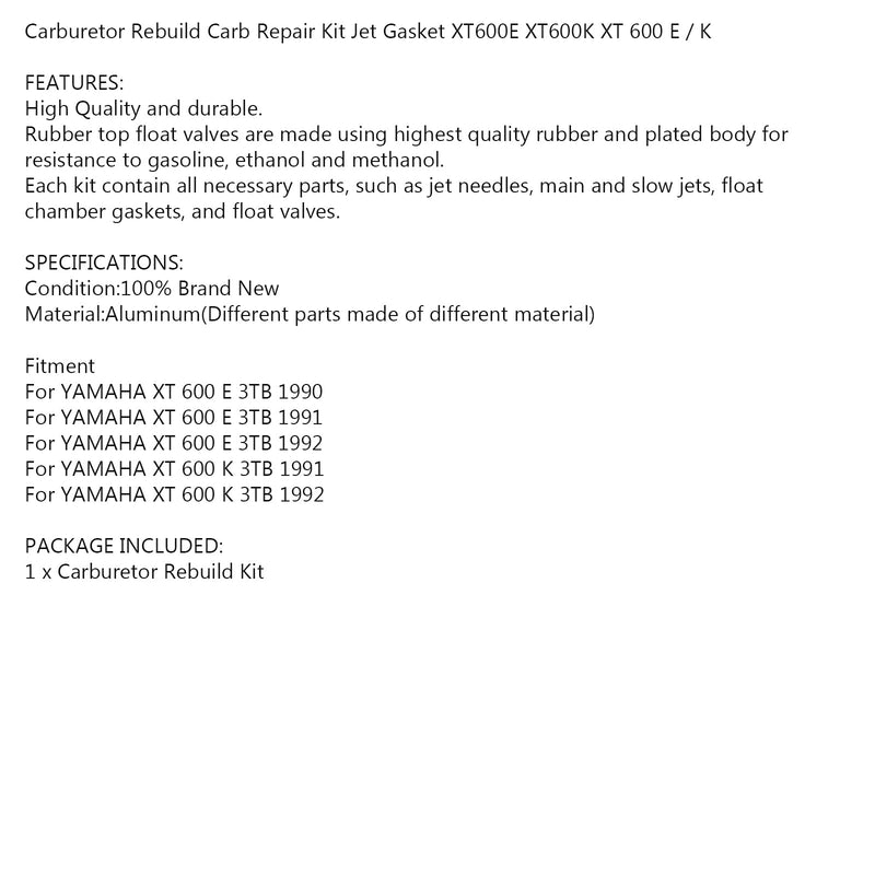 Juego de reparación de reconstrucción de carburador Jet Kit para YAMAHA XT600 XT 600 E / XT 600 K 90-92 Genérico