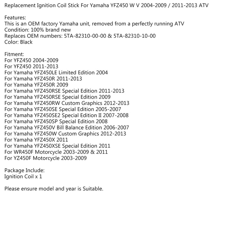 استبدال ملف الإشعال عصا لياماها YFZ450 WV 2004-2009 / 2011-2013 ATV عام