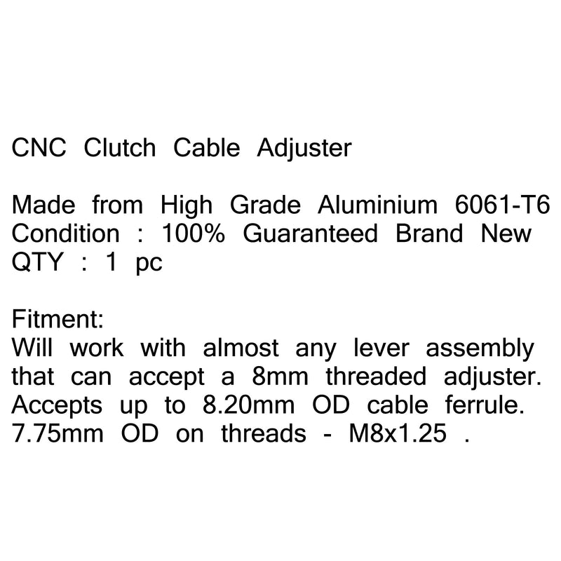 Juego de ajustador de cable de embrague de aluminio billet anodizado universal de 8 mm Genérico