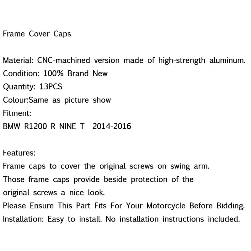 Conjunto de tapas de marco de tapas de orificio de marco de motocicleta para BMW R1200 R NINE T 2014-2016 genérico