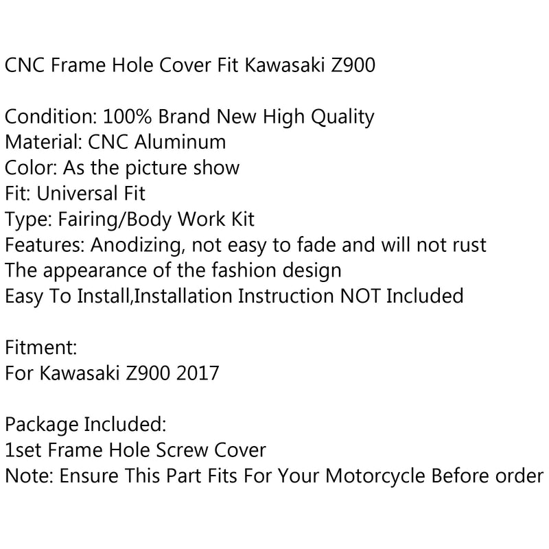 CNC Frame Hole Cover Page Hole Cap Cover Plug Bolt Kit For Kawasaki Z900 2017 Generic