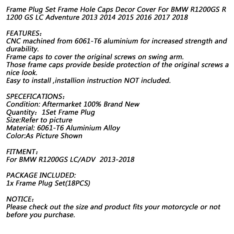 Tapas para orificios de marco Cubierta decorativa 1 juego Aluminio para BMW R 1200 GS ADV LC 14-15 Genérico