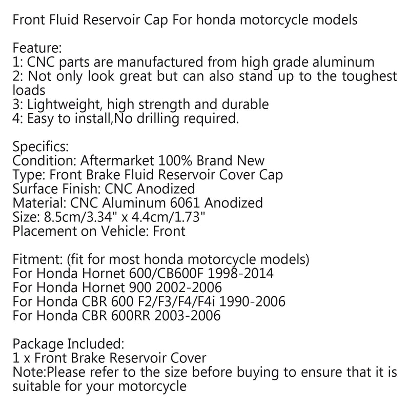 Tapa de depósito de líquido de frenos delantero CNC para Honda Hornet 600/CB600F CRF450 genérico