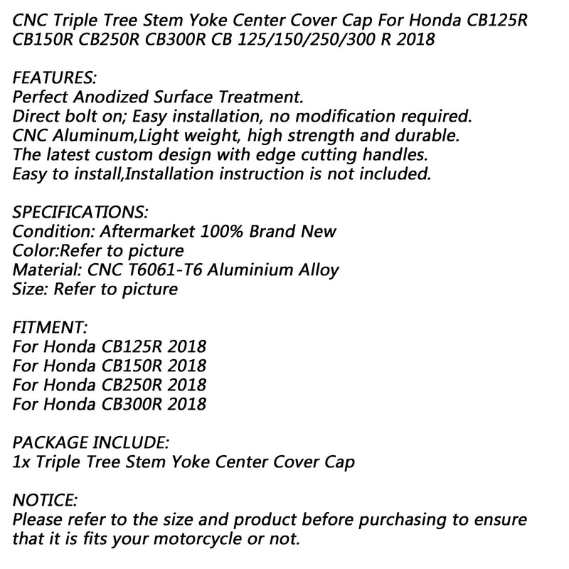 Tapa central de yugo de tallo de árbol Triple para Honda CB125R CB150R CB250R CB300R 18 genérico