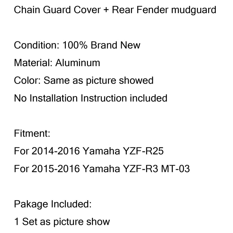 Guardabarros trasero y cubierta de cadena para Yamaha R3/MT03 15-16 R25 14-23 genérico