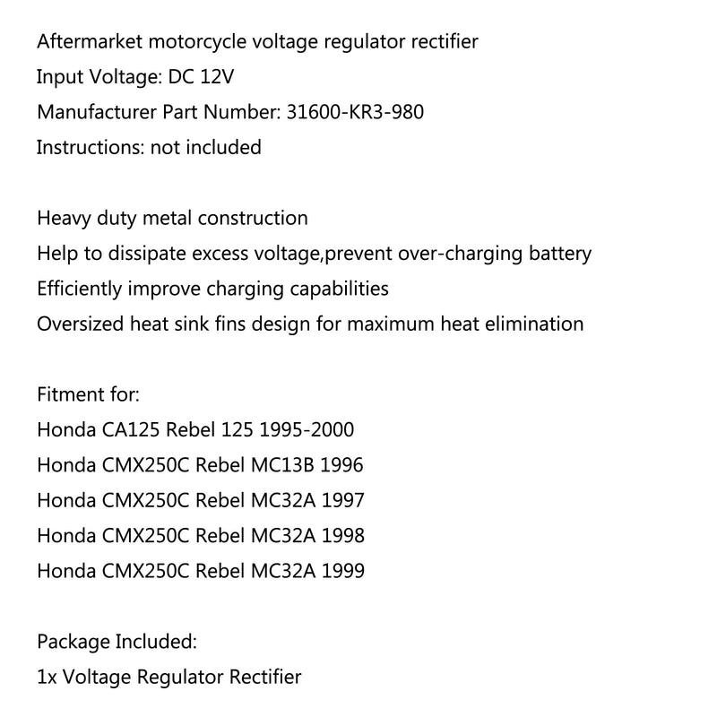 Rectificador regulador de voltaje para Honda CMX250C Rebel MC32A 1997-1999 MC13B 1996 Genérico