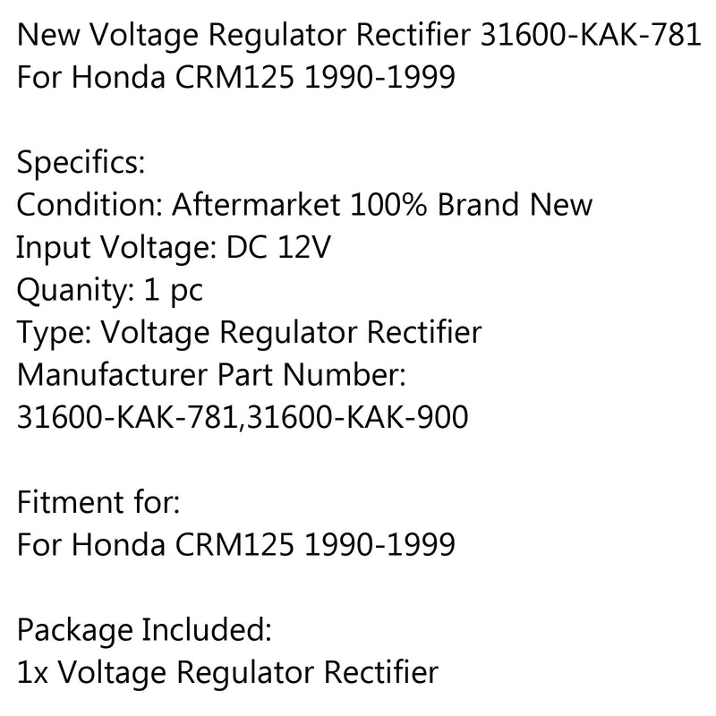 Nuevo rectificador regulador de voltaje 31600-KAK-781 para Honda CRM125 1990-1999 genérico