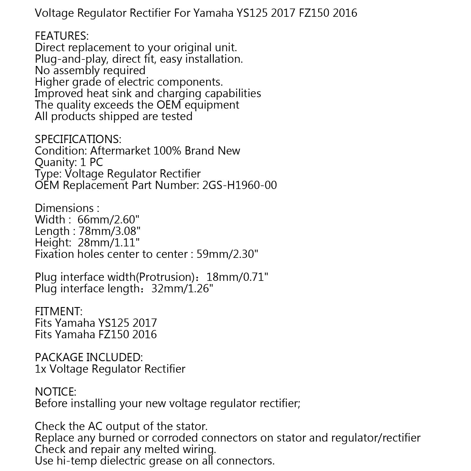 NEW VOLTAGE REGULATOR RECTIFIER FOR YAMAHA YS125 2017 FZ150 2016 2GS-H1960-00 Generic
