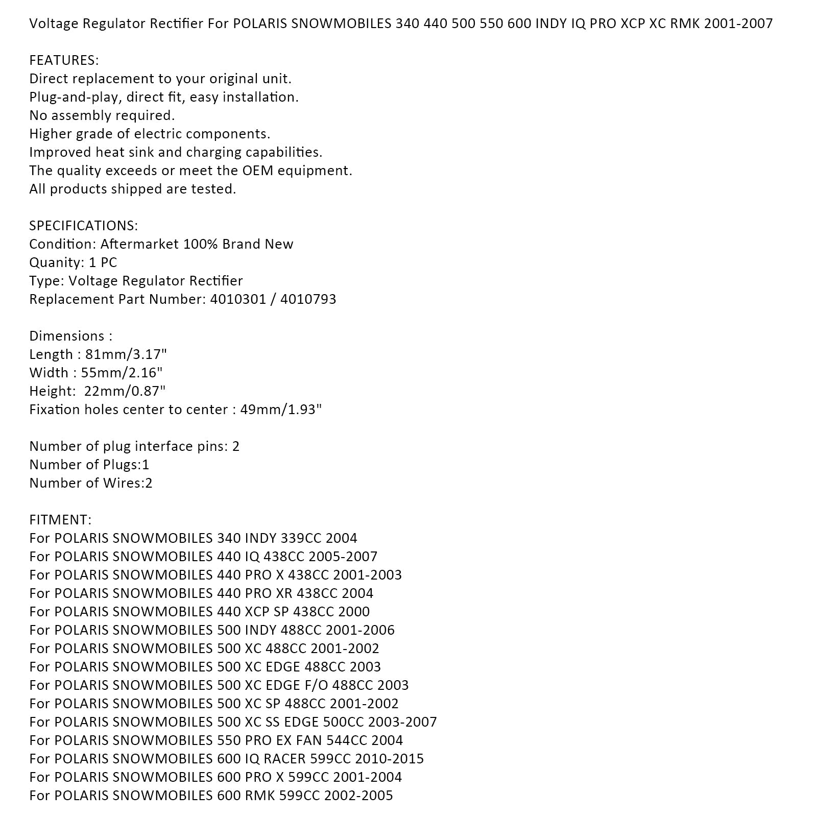 Voltage Rectifier Regulator For Polaris 440 500 600 Snowmobile 4010301 4010793 Generic