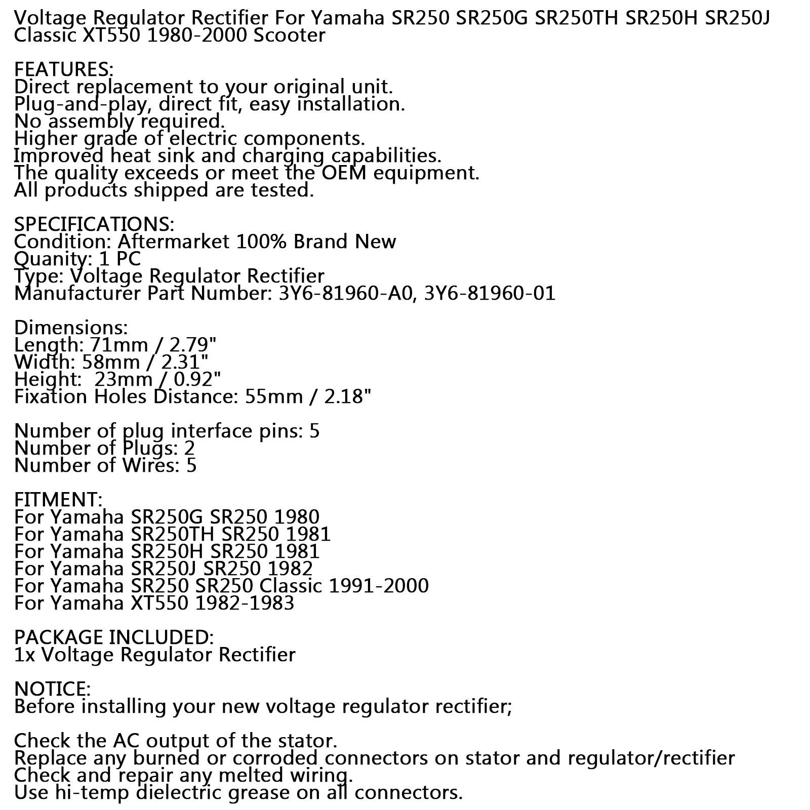 Voltage Rectifier Regulator For Yamaha SR250 G/H/T Exciter 250 80-00 XT550 82-83 Generic