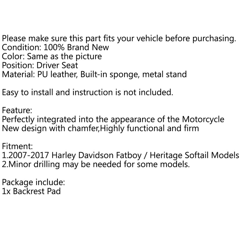 وسادة مسند ظهر لمقعد السائق لـ 2007-2017 Harley Fatboy Heritage Softail Generic