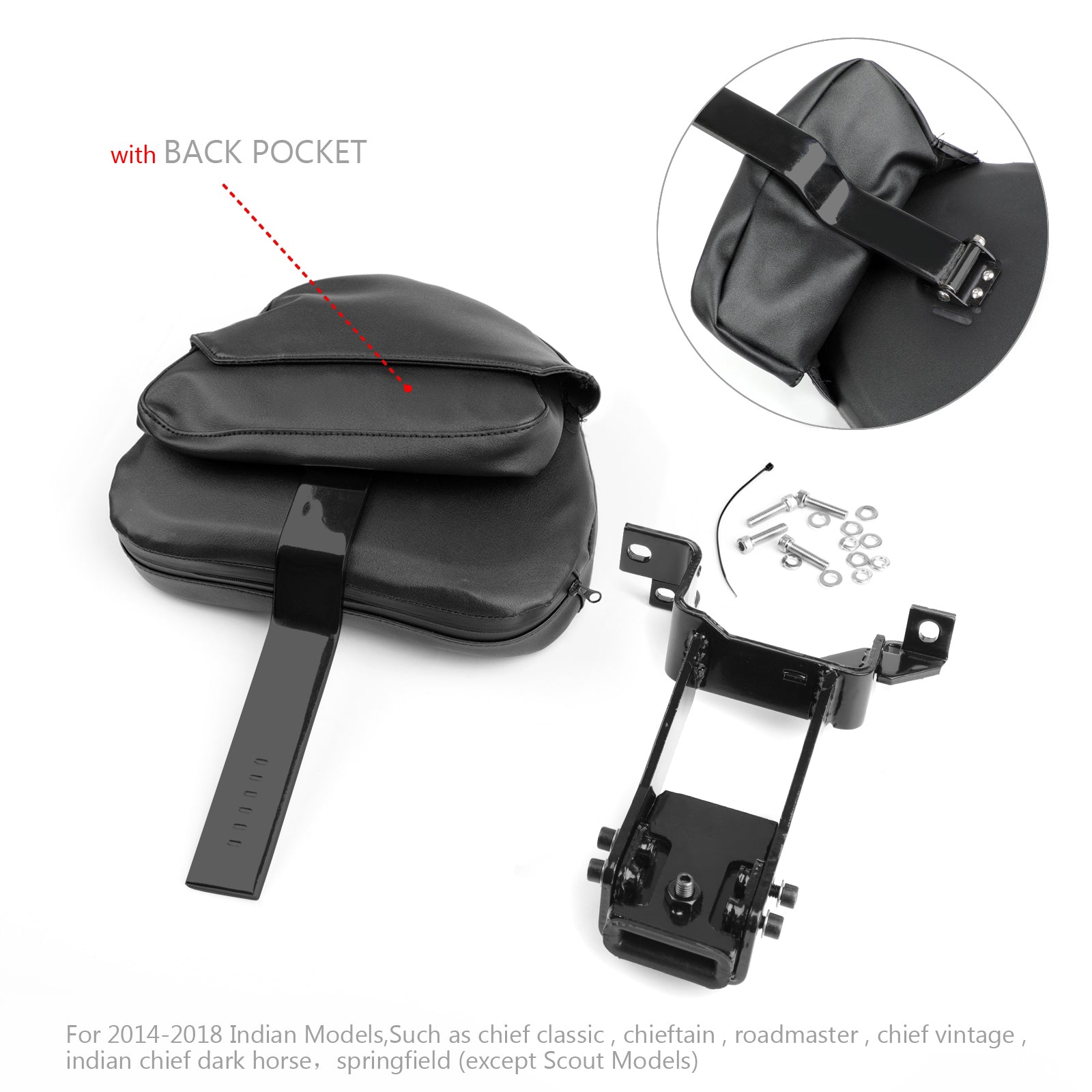 Plug-In Driver Backrest + Mounting Kit For Indian Chieftain Roadmaster 14-23 BLK Generic