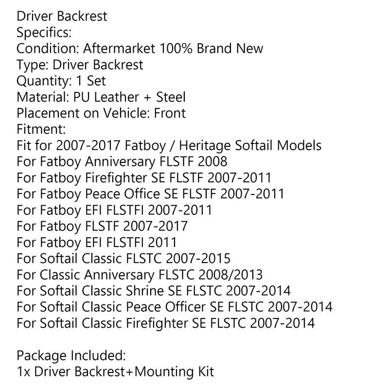 Kit de respaldo para conductor de motocicleta para Fatboy Heritage Softail modelos 2007-17 genérico