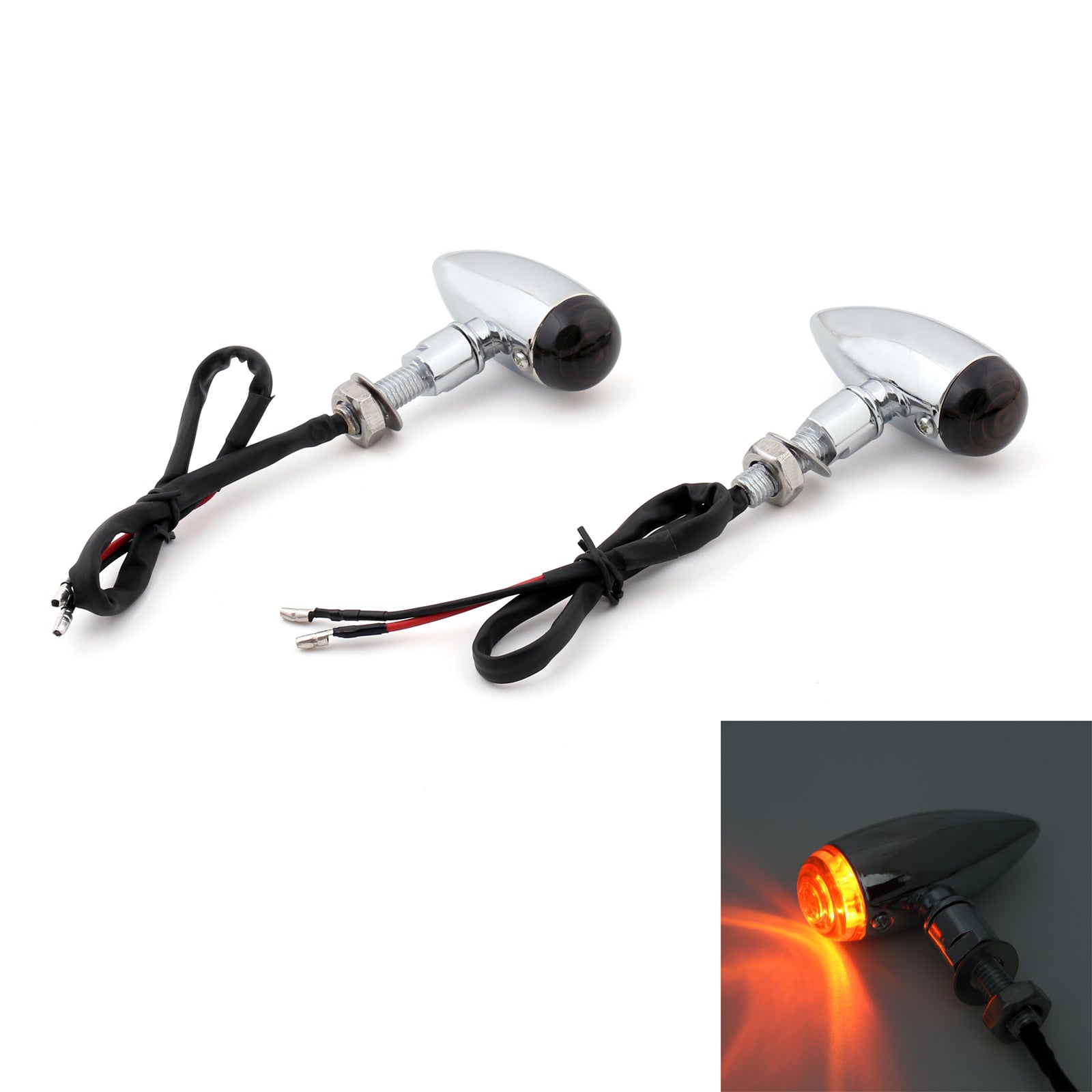 2x Bullet Turn Signal Lights Indicators Cruiser Chopper Harley Softail Dyna Sportster V-Rod, 10mm Universal Mount, Chrome Amber Generic