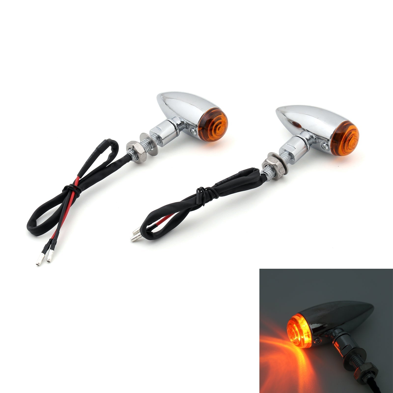 2x Bullet Turn Signal Lights Indicators Cruiser Chopper Harley Softail Dyna Sportster V-Rod, 10mm Universal Mount, Chrome Amber Generic