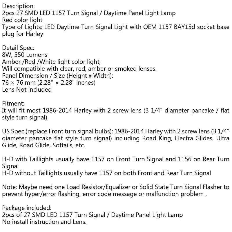 2x Harley Touring 1157 LED Luz de panel de señal de giro diurna DRL BAY15d Bombilla genérica