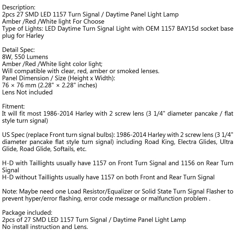 2x Harley Touring 1157 LED Luz de panel de señal de giro diurna DRL BAY15d Bombilla genérica