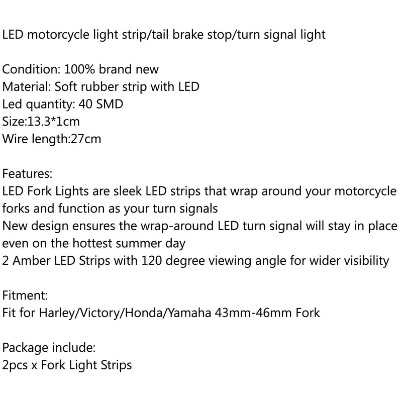 Kit de luz ámbar de tira de señal de giro LED de horquilla de 43mm-46mm para Harley Victory Honda genérico